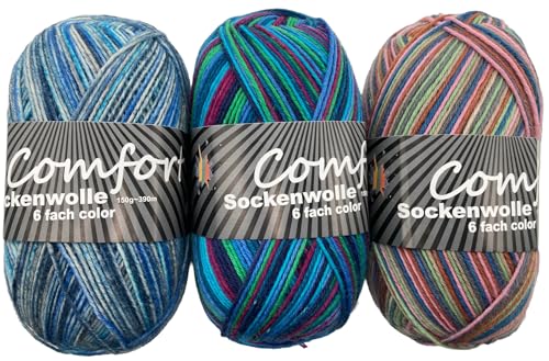 Comfort Wolle 6-fädige Sockenwolle, Strumpfwolle, Farbe Jeansfarben, 3 x 150 g Knaul, 375 m Länge, dicke Wolle für besonders warme Socken, dezentes Muster direkt aus der Knaul, Farbset Set 2 Comfort Wolle 6-fädige Sockenwolle, Strumpfwolle, Farbe Jeansfarben, 3 x 150 g Knaul, 375 m Länge, dicke Wolle für besonders warme Socken, dezentes Muster direkt aus der Knaul, Farbset Set 2 von Comfort Wolle