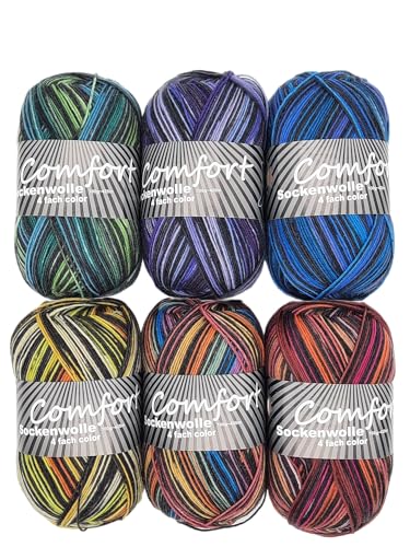 Comfort Wolle Sockenwolle Strumpfwolle Comfort Color 4-lagig - Farbset 6 x 100 g - 420 m Länge - Bunter Mix aus modischen Farben - Muster direkt vom Knaul - Serie 01 von Comfort Wolle