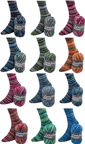 Sockenwolle Strumpfwolle Color 4-fach -12x100gr- Sockengarn Colorfarben- 420m Lauflänge per 100gr-Nadelstärke 2,5-3,0mm - Mix 0506 von Comfort Wolle