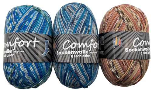 Sockenwolle Strumpfwolle Comfort Color 3x150gr 6-fädig Color 150gr 375m/LL 450gr Set für besonders warme Füße Set 4-6 Sockenwolle Strumpfwolle Comfort Color 3x150gr 6-fädig Color 150gr 375m/LL 450gr Set für besonders warme Füße Set 4-6 von Comfort Wolle