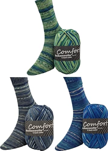 Sockenwolle Strumpfwolle Comfort Color 3x150gr 6-fädig Color 150gr 375m/LL 600gr für besonders warme Füße Set Bunt (Set 1-3 ) von Comfort Wolle