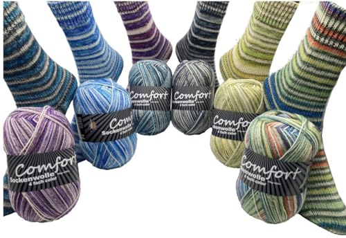 Comfort Wolle Sockenwolle Strumpfwolle Comfort Color 4-fädig – Farbset 6 x 100 g – 420 m Länge – mehrfarbig bunter Farbverlauf Sockengarn-Set 02 von Comfort Wolle