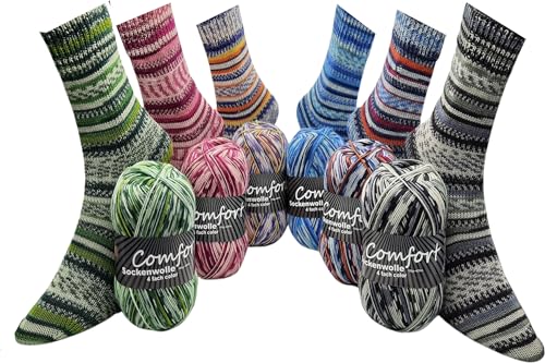 Sockenwolle Strumpfwolle Comfort Color 4-fädig - Farbset 6x100gr Sockengarn - 420m Lauflänge/100gr- mehrfarbiger bunter Farbverlauf Set 02.06.21 von Comfort Wolle