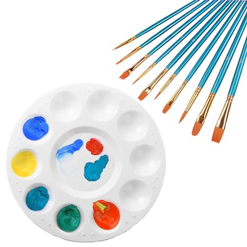 Mischpalette, Farbmischpalette Kunststoff Round 17 cm Weiß mit 10er Pack Blau Pinsel für DIY Kunst Malerei Öl Aquarell Kunst Malerei von Comforty