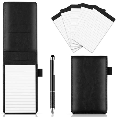 Comioke Mini Notizblock Halter Set, Mini Notizbuch A7, Kleiner Leder Notizblock Halter mit Stift und 4 x 60 Blatt Replacement Notepads, für Besprechungsnotizen, Memos, Studiennotizen (Schwarz) von Comioke