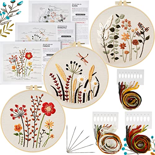 Comius Sharp Anfänger Stickerei Set 3 Stück Handmade Embroidery Starter Kit, Mit Schnittmuster und Beschreibung Blumenmuster Pflanzen Kreuzstich-Kit Starter Tools Kit,für DIY Kunst, Handwerk, Nähen von Comius Sharp