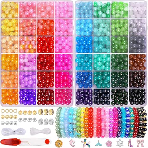 Glasperlen für Armbänder, 24 Farben bunte Perlen runde Edelstein Perlen mit Loch für Schmuckherstellung und DIY Handwerk Dekor, mit Abstandsperlen, Schere und Schnur (B) von Comius Sharp