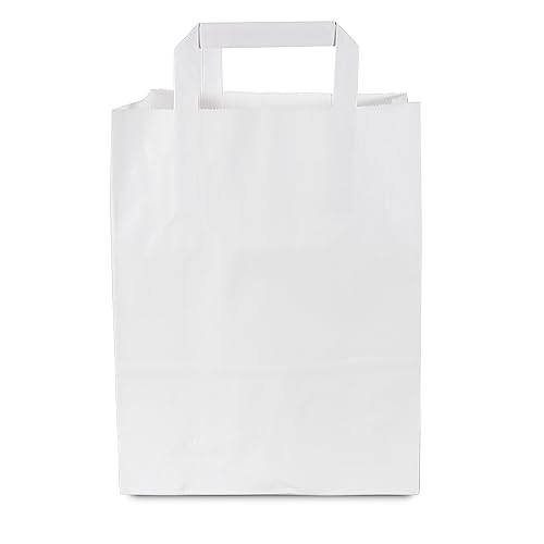 Commerline Papiertüten 250 Stück, Weiß, 22+10x28 cm | Kraftpapier Tüten Klein Mit Henkel | Tragetasche Groß Papiertragetaschen Papiertüte Papiertaschen von Commerline