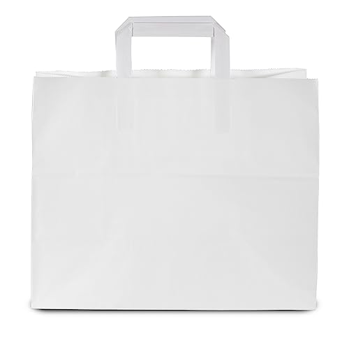 Commerline Papiertüten 250 Stück, Weiß, 32+22x25 cm | Kraftpapier Tüten Klein Mit Henkel | Tragetasche Groß Papiertragetaschen Papiertüte Papiertaschen von Commerline