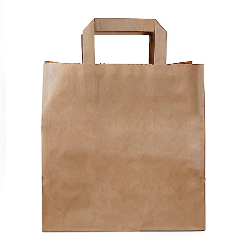 Commerline 50 Stück Braun Papiertüten mit Henkel, 26+17x25 cm, Geschenktüten für Verpackungen und Geburtstag, Papiertaschen Groß für Einkaufen, Tüten aus Kraftpapier von Commerline