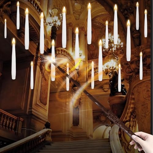 Schwimmende Kerzen mit Zauberstab-Fernbedienung, 20Pcs hängende flammenlose Kerzen batteriebetrieben flammenlose flackernde LED warmes Licht Kegel Kerzen Set für Weihnachten Dekoration (20Pcs) von ConBlom