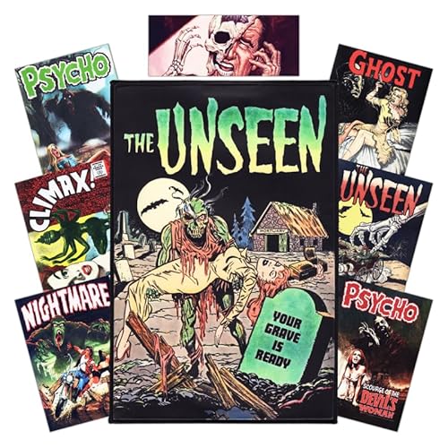 8er Horror Patch-Set | "The Unseen" Vintage Comic Punk Rückenaufnäher + 7 | Backpatch zum Aufbügeln für Jacke & Kleidung | 1950er Grafik Aufnäher für Fans von Metal, Gothic und Alternativem Stil von Concrete Schoolyard