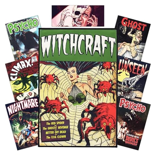 8er Horror Patch-Set | "Witchcraft" Vintage Comic Rückenaufnäher + 7 | Backpatch zum Aufbügeln für Jacke & Kleidung | 1950er Grafik Aufnäher für Fans von Metal, Rockabilly, Punk & Alternativem Stil von Concrete Schoolyard