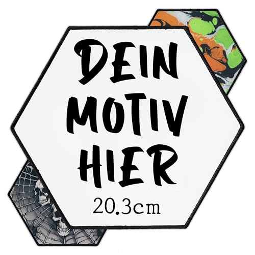 Groß Individueller Aufnäher 20cm Sechseck | Personalisiert Rückenpatch mit Wunschmotiv – Bild, Foto | Selbst gestalten Rückenaufnäher Patch für Kleidung, Jacke | Custom Iron On Backpatch von Concrete Schoolyard