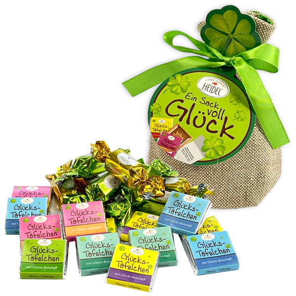"Ein Sack voll Glück" mit Pralinen und Schokotäfelchen, 151g "Ein Sack voll Glück" mit Pralinen und Schokotäfelchen, 151g