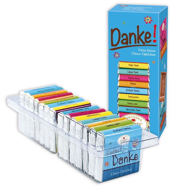 Schoko-Box "Danke", 16 Mini-Täfelchen, 80g von Confiserie Heidel