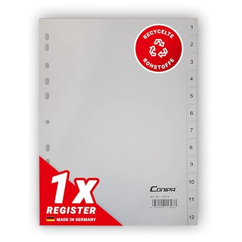 Conipa® - 1er Set 1-12 Register für Ordner DIN A4 (MADE IN GERMANY) - Ordner-Registerblätter & Trennblätter mit Zahlen (nummeriert) Kunststoff (PP) - Trennregister Akten, Ringbücher & Hefter (Grau) von Conipa