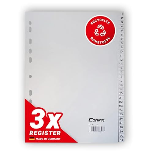 Conipa – 1-31 Register für Ordner DIN A4 – Ordnerregister nummeriert aus stabilem PP – Trennblätter mit Zahlen – Trennregister für Aktenordner, Ringbücher, Hefter & Mappen (Grau | 3er Set) von Conipa