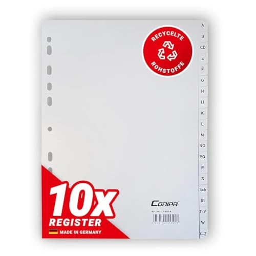 Conipa® - 10er Set A-Z Register für Ordner DIN A4 alphabetisch (MADE IN GERMANY) - Ordner-Register & Trennblätter aus PP mit Buchstaben (Alphabet) - Trennregister für Akten, Ringbücher & Hefter (Grau) von Conipa