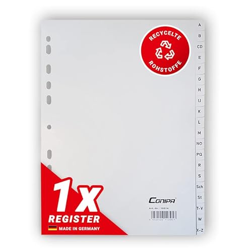 Conipa® - 1er Set A-Z Register für Ordner DIN A4 alphabetisch (MADE IN GERMANY) - Ordner-Register & Trennblätter aus PP mit Buchstaben (Alphabet) - Trennregister für Akten, Ringbücher & Hefter (Grau) von Conipa