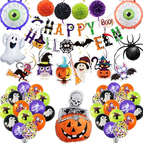 Halloween-Party-Dekorationen, schwarz, orange, lila, limettengrün, bedruckte Luftballons, Kürbis-Geist, Spinne, Folienballon mit Happy Halloween-Banner für Partyzubehör Halloween-Party-Dekorationen, schwarz, orange, lila, limettengrün, bedruckte Luftballons, Kürbis-Geist, Spinne, Folienballon mit Happy Halloween-Banner für Partyzubehör von Conleke