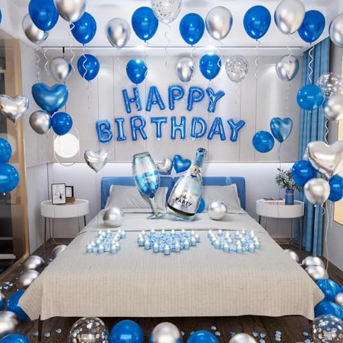 Happy Birthday Dekorationen für Männer Frauen Geburtstag Ballon Buchstaben Banner mit herzförmigen Champagnerflasche Weinglas Luftballons Rosenblätter für Zimmer Geburtstag Party Dekor (Blau Weiß und Happy Birthday Dekorationen für Männer Frauen Geburtstag Ballon Buchstaben Banner mit herzförmigen Champagnerflasche Weinglas Luftballons Rosenblätter für Zimmer Geburtstag Party Dekor (Blau Weiß und von Conleke