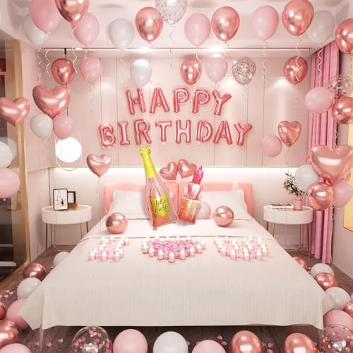 Happy Birthday Dekorationen für Männer Frauen Geburtstag Ballon Buchstaben Banner mit herzförmigen Champagnerflasche Weinglas Luftballons Rosenblätter für Zimmer Geburtstag Party Dekor (Rosa Weiß und Happy Birthday Dekorationen für Männer Frauen Geburtstag Ballon Buchstaben Banner mit herzförmigen Champagnerflasche Weinglas Luftballons Rosenblätter für Zimmer Geburtstag Party Dekor (Rosa Weiß und von Conleke
