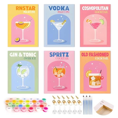 Connextion 6 Pack Malen Nach Zahlen Erwachsene mit Rahmen, Klein Malen Nach Zahlen Cocktail, 15x20cm, DIY Handbemalt Paint by Numbers für Home Decor oder als Geschenk, inkl. Pinseln und Acrylfarben von Connextion