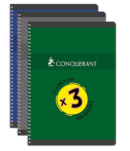 CONQUERANT 3 Hefte, A4, 100 Seiten, 70 g, Q5 x 5, Vollbindung, Deckblatt in verschiedenen Farben von Conquerant