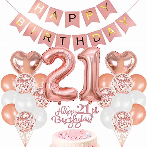 Conruich Geburtstagsdeko 21 Jahre Frau, Luftballon 21. Geburtstag Deko Set, Rosegold Tortendeko Geburtstag 21 Jahre Frauen, Ballon 21 Geburtstag Frau, Happy Birthday Banner Deko 21 Geburtstag Frau von Conruich