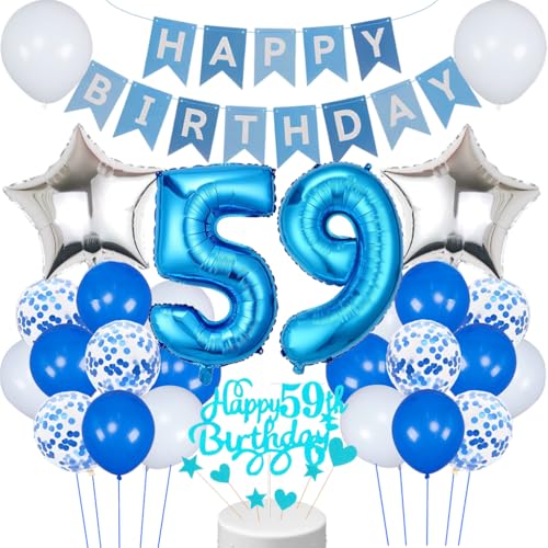 Conruich 59. Geburtstag Dekoration - 30-teiliges Set mit Ballons, Banner, Cake Toppern & mehr - Blau - BALLOON - Geburtstagsdeko für Erwachsene Männer (59. Geburtstag) von Conruich