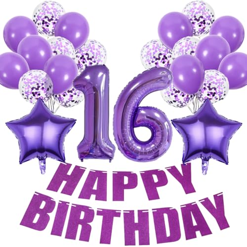 Conruich Deko 16. Geburtstag Mädchen, Geburtstagsdeko 16 Jahre Mädchen, Luftballons 16. Geburtstag Dekoration Frauen, Lila Geburtstag 16 Jahre Frau, Happy Birthday Deko 16 Geburtstag Mädchen von Conruich