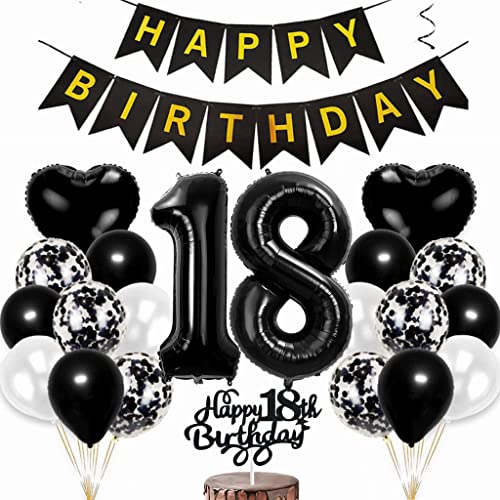 Conruich Luftballon 18. Geburtstag Deko, Geburtstagsdeko 18 Jahre Junge, Tortendeko Geburtstag 18 Jahre Mädchen, Folienballon Zahl 18 Schwarz, Happy Birthday Banner für 18 Jahr Geburtstag Party Deko von Conruich