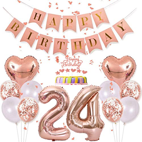 Conruich Deko 24. Geburtstag Frau, Rosegold Tortendeko Geburtstag 24 Jahre Mann, Geburtstagsdeko 24 Jahre, Rosegold Ballon 24 Geburtstags Mädchen, Happy Birthday Banner Deko 24 Geburtstags Frauen von Conruich