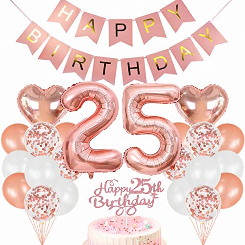 Conruich Geburtstagsdeko 25 Jahre Frau, Luftballon 25. Geburtstag Deko Set, Rosegold Tortendeko Geburtstag 25 Jahre Frauen, Ballon 25 Geburtstag Frau, Happy Birthday Banner Deko 25 Geburtstag Frau von Conruich