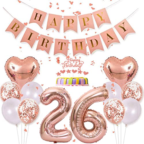 Conruich Deko 26. Geburtstag Frau, Rosegold Tortendeko Geburtstag 26 Jahre Frauen, Geburtstagsdeko 26 Jahre Frau, Rosegold Ballon 26 Geburtstag Mädchen, Happy Birthday Banner Deko 26 Geburtstag Frauen von Conruich