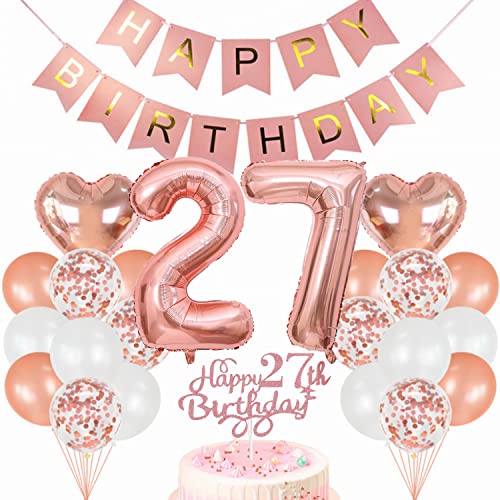 Conruich Geburtstagsdeko 27 Jahre Frau, Luftballon 27. Geburtstag Deko Set, Rosegold Tortendeko Geburtstag 27 Jahre Frauen, Ballon 27 Geburtstag Frau, Happy Birthday Banner Deko 27 Geburtstag Frau von Conruich
