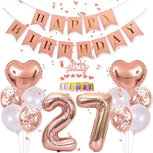 Conruich Deko 27. Geburtstag Frau, Rosegold Tortendeko Geburtstag 27 Jahre Frauen, Geburtstagsdeko 27 Jahre Frau, Rosegold Ballon 27 Geburtstag Mädchen, Happy Birthday Banner Deko 27 Geburtstag Frauen von Conruich