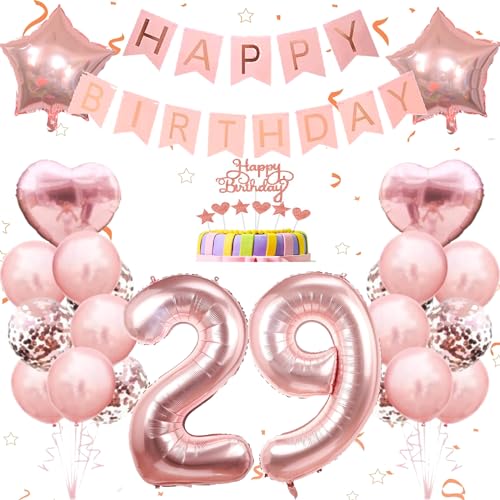 Conruich Deko 29. Geburtstag Frau, Geburtstagsdeko 29 Jahre Frau, Ballon 29 Geburtstag Dekoration Frauen, Rosegold Tortendeko Geburtstag 29 Jahre Frau, Happy Birthday Banner Deko 29. Geburtstag Frauen von Conruich