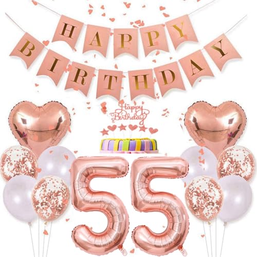 Conruich Deko 55. Geburtstag Frau, Rosegold Tortendeko Geburtstag 55 Jahre Frauen, Geburtstagsdeko 55 Jahre Frau, Rosegold Ballon 55 Geburtstag Mädchen, Happy Birthday Banner Deko 55 Geburtstag Frauen von Conruich