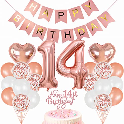 Conruich Geburtstagsdeko 14 Jahre Mädchen, Luftballon 14. Geburtstag Deko, Rosegold Tortendeko Geburtstag 14. Mädchen, Ballon 14 Geburtstag Mädchen, Happy Birthday Banner Deko 14 Geburtstag Mädchen von Conruich