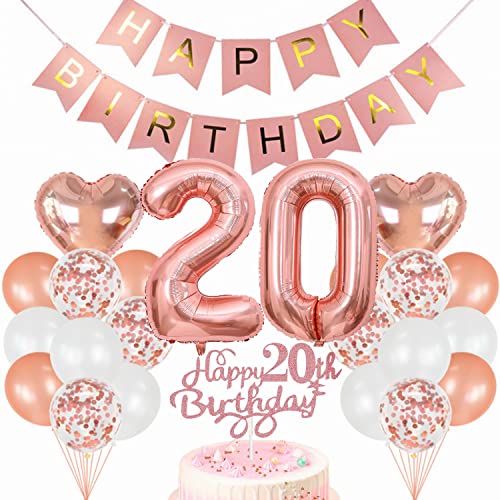 Conruich Geburtstagsdeko 20 Jahre Frau, Luftballon 20. Geburtstag Deko Set, Rosegold Tortendeko Geburtstag 20 Jahre Frauen, Ballon 20 Geburtstag Frau, Happy Birthday Banner Deko 20 Geburtstag Frau von Conruich
