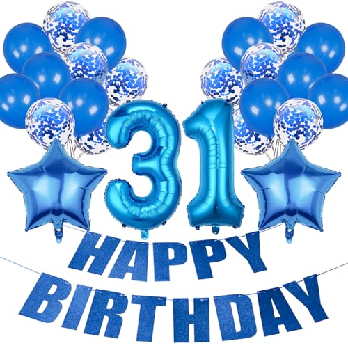 Conruich Geburtstagsdeko 31 Jahre Frau, Luftballon 31. Geburtstag Deko Mann, Folienballon Zahl 31 Blau, Deko 31. Geburtstag Frauen, Helium Ballon Stern Deko für 31. Geburtstag Party Dekoration von Conruich