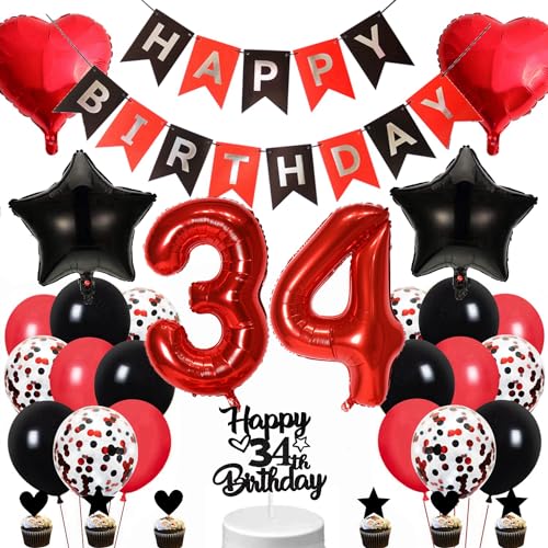 Conruich Geburtstagsdeko 34 Jahre Mann Frau, Schwarz Tortendeko 34. Geburtstag Dekoration Frau, Luftballon 34. Geburtstag Deko Mann, Happy Birthday Banner für 34. Geburtstag Frauen Party Dekoration Conruich Geburtstagsdeko 34 Jahre Mann Frau, Schwarz Tortendeko 34. Geburtstag Dekoration Frau, Luftballon 34. Geburtstag Deko Mann, Happy Birthday Banner für 34. Geburtstag Frauen Party Dekoration von Conruich