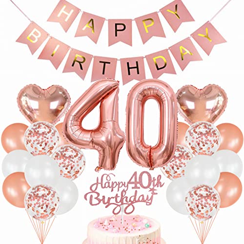 Conruich Geburtstagsdeko 40 Jahre Frau: Luftballon Set, Rosegold Tortendeko, Happy Birthday Banner, Ballon 40, Konfetti Ballons, Herz & Stern Folienballons von Conruich