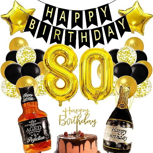 Conruich Geburtstagsdeko 80 Jahre Mann Frau, Luftballon 80. Geburtstag Deko Mann, Folienballon Zahl 80 Gold, Helium Ballon Whiskey Bierglas für 80. Geburtstag Manner Party Dekoration von Conruich