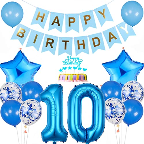 Conruich Luftballon 10. Geburtstag Dekoration, Geburtstagsdeko 10 Jahre Junge, Tortendeko Geburtstag 10 Jahre Junge, Blau 10. Geburtstag Deko, Happy Birthday Banner für 10. Geburtstag Party Deko von Conruich