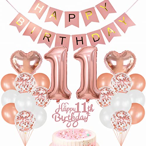 Conruich Geburtstagsdeko 11 Jahre Mädchen, Luftballon 11. Geburtstag Deko, Rosegold Tortendeko Geburtstag 11. Mädchen, Ballon 11 Geburtstag Mädchen, Happy Birthday Banner Deko 11 Geburtstag Mädchen von Conruich