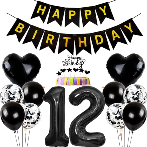 Conruich Geburtstagsdeko 12 Jahre Junge, Ballon 12. Geburtstag Deko Junge, Tortendeko Geburtstag 12 Jahre Mädchen, Folienballon Zahl 12 Schwarz, Happy Birthday Banner für 12 Jahr Geburtstag Party Deko von Conruich