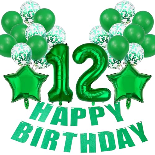 Conruich Luftballon 12. Geburtstag Deko Mädchen, Grün 12. Geburtstag Dekoration, Folienballon 12 Geburtstag Mädchen Dekoration, Happy Birthday Banner für 12. Geburtstag Mädchen Jungen Party Dekoration von Conruich